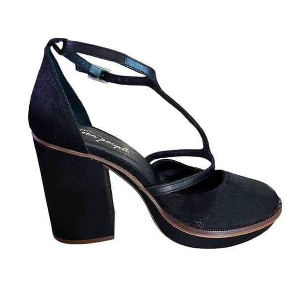 Free People Wythe Platform Heels Women's 7.5 38 Black Block Heel Open Toe - Picture 2 of 10